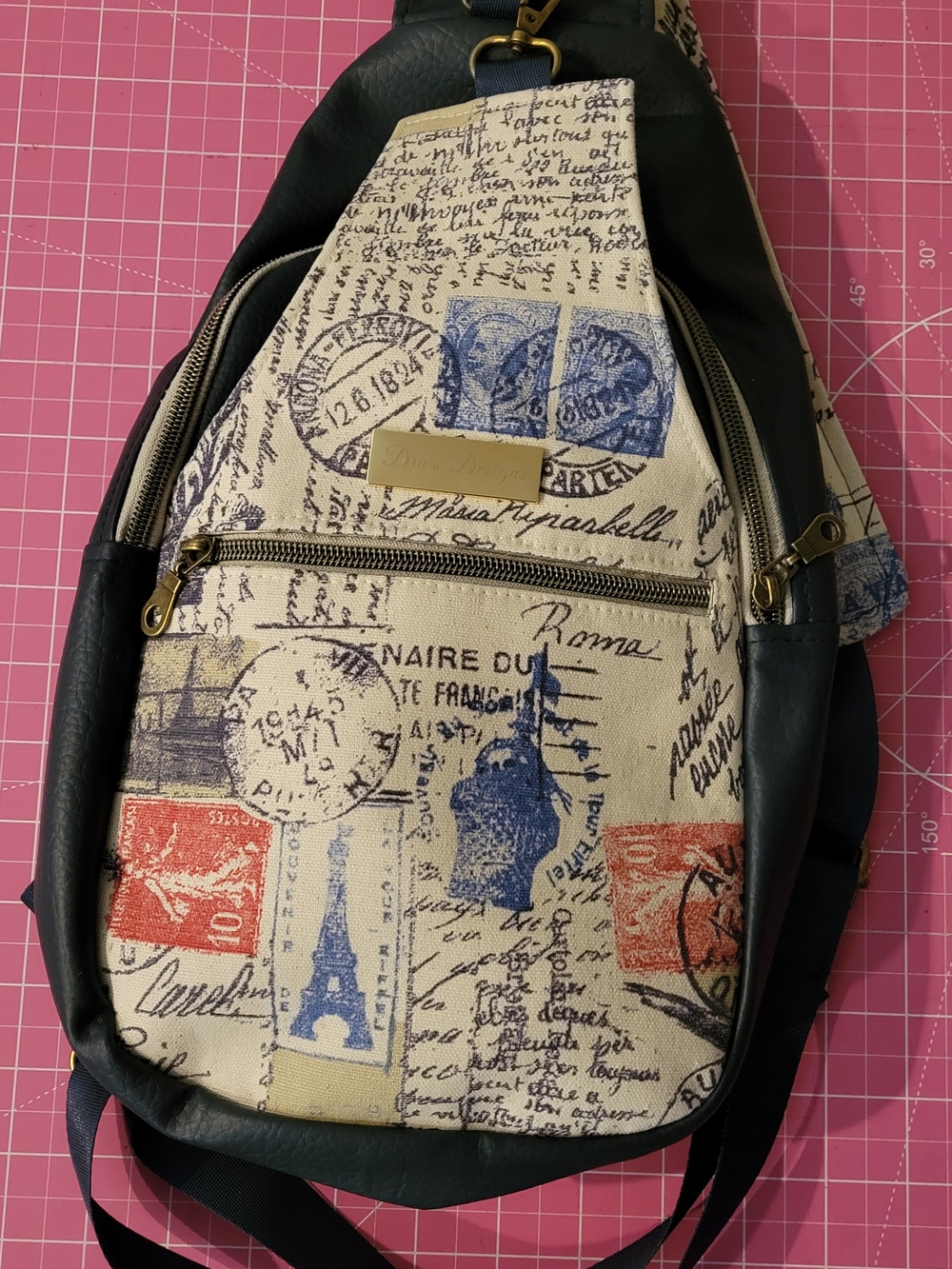 Canvas Mini Sling Bag with Postcard Print - Blue/Red/Navy